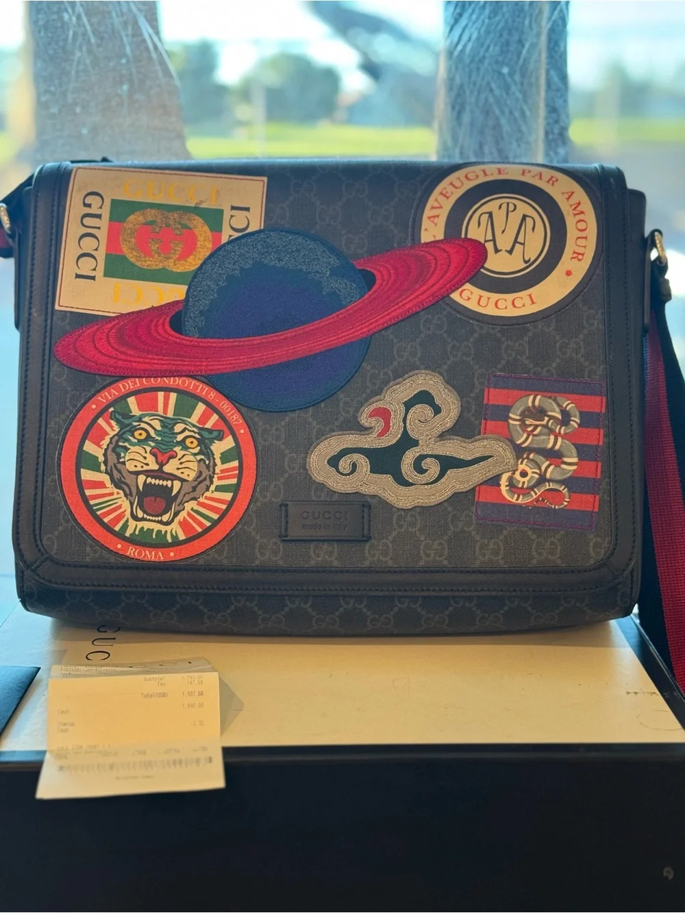Gucci Navy GG Supreme Messenger Bag with Multicolor Planet & Patch Accents